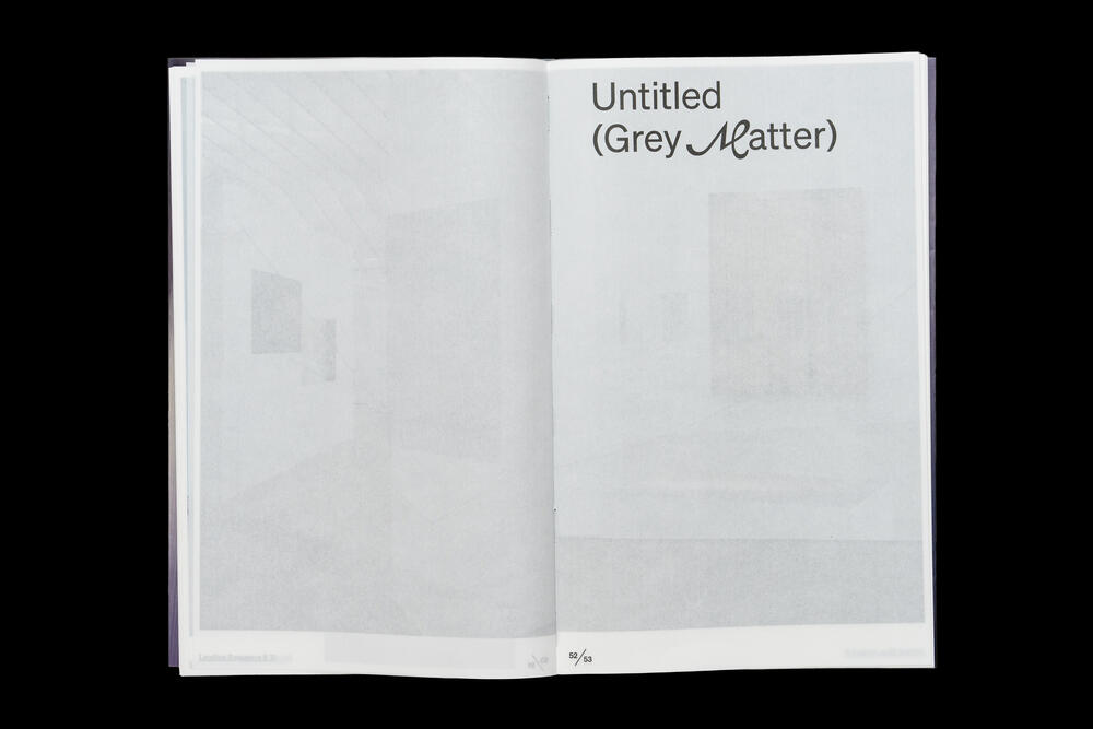 A two-page spread from a catalog titled "Untitled (Grey Matter)" with minimalist gray and white abstract forms and geometric shapes. The right page displays the title and subtitle in sans-serif typography against a light background.