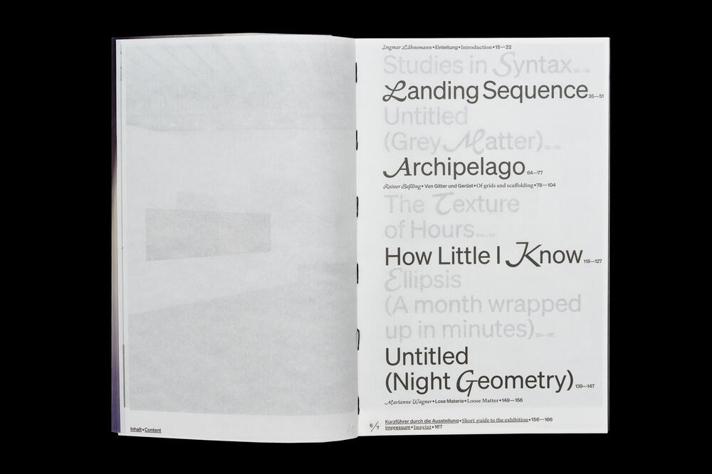 An open exhibition catalog showing a left blank page and a right page with typography listing artwork titles including "Landing Sequence," "Archipelago," "The Texture of Hours," "How Little I Know," and "Untitled (Night Geometry)" in varying font sizes and gray tones.