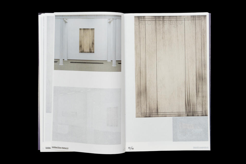 Two pages from an exhibition catalog featuring minimalist interior spaces and abstract textile studies in muted tones, with architectural photography on the left and vertical striped fabric or curtain documentation on the right.