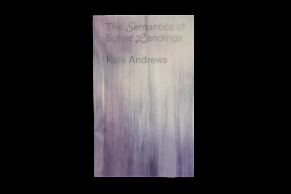 Book cover for "The Semantics of Softer Landings" by Kara Andrews, featuring a gradient design transitioning from white at the top to purple at the bottom with vertical streaking effects.
