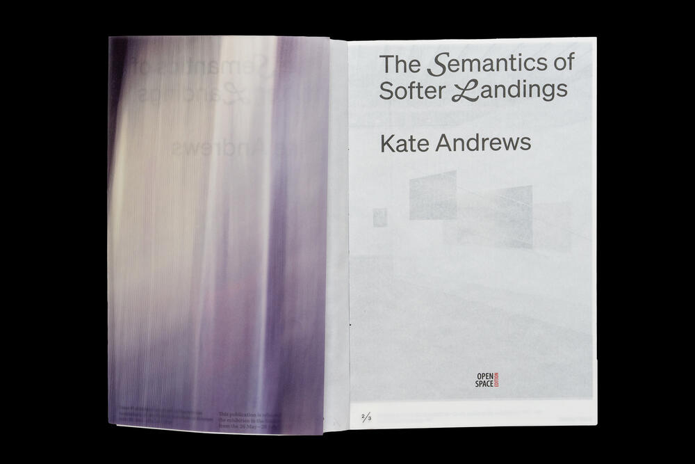 An open book displaying "The Semantics of Softer Landings" by Kate Andrews on the right page, with the left page showing a soft-focus gradient of purple and white vertical stripes.