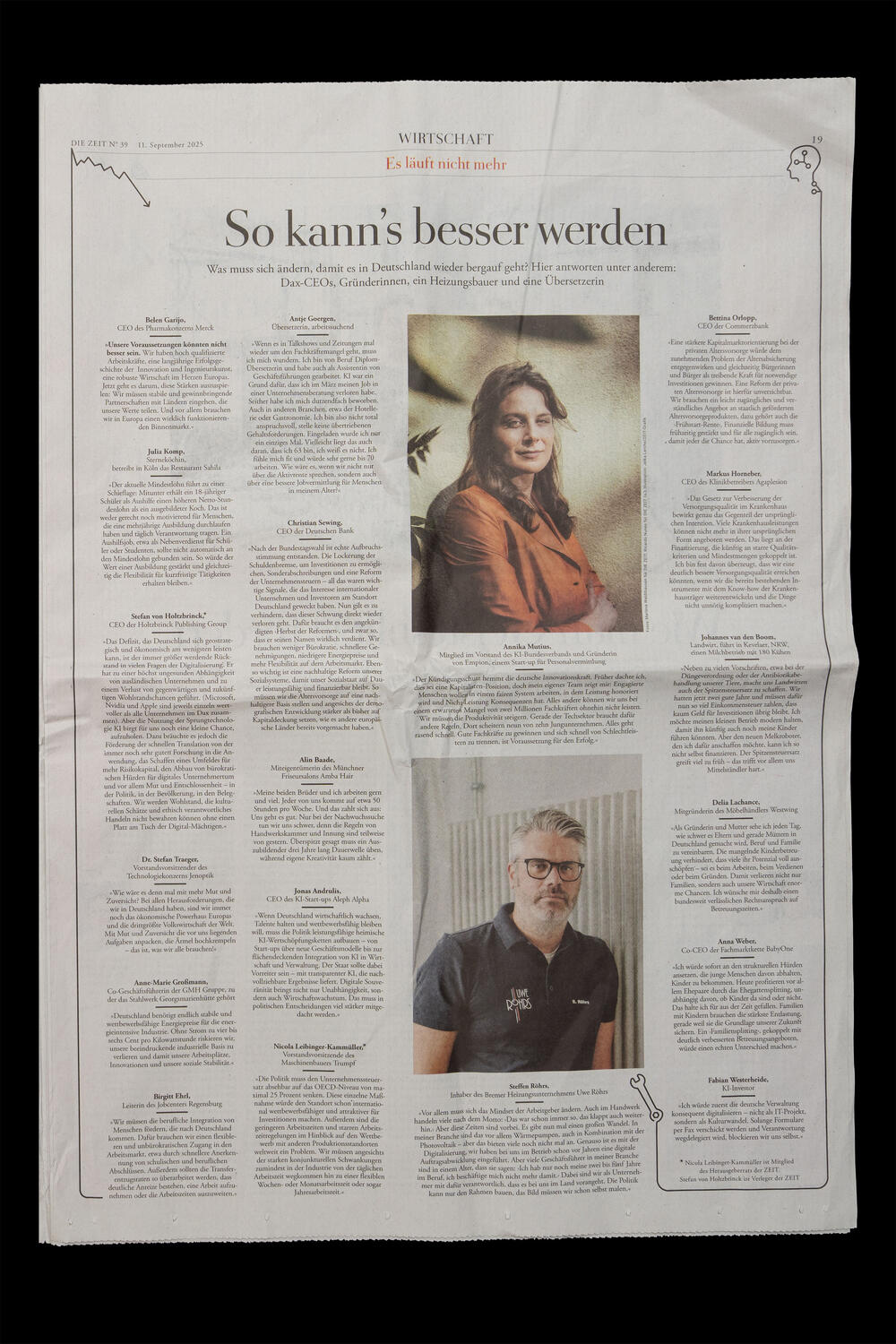 A newspaper article layout featuring the headline "So kann's besser werden" with two portrait photographs—one of a woman in an orange jacket and one of a man wearing glasses and a dark shirt—surrounded by multiple columns of German text.